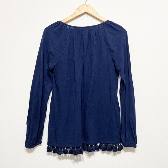 Lilly Pulitzer Linzy Cotton Stretch VNeck Tassel Fringe Tee Shirt True Navy Blue - Picture 4 of 4